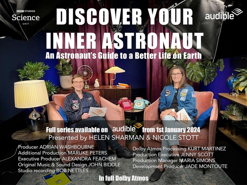 The backdrop to the title and credits shows astronauts Helen Sharman and Nicole Stott sat in armchairs to host the podcast